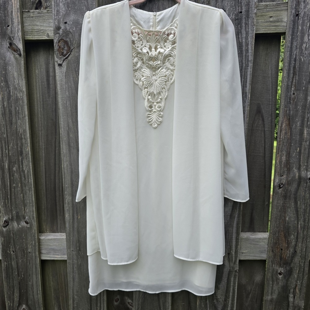 Scott McClintock Vintage Ivory Dress Long Sleeve Lace Overlay Midi Size M)